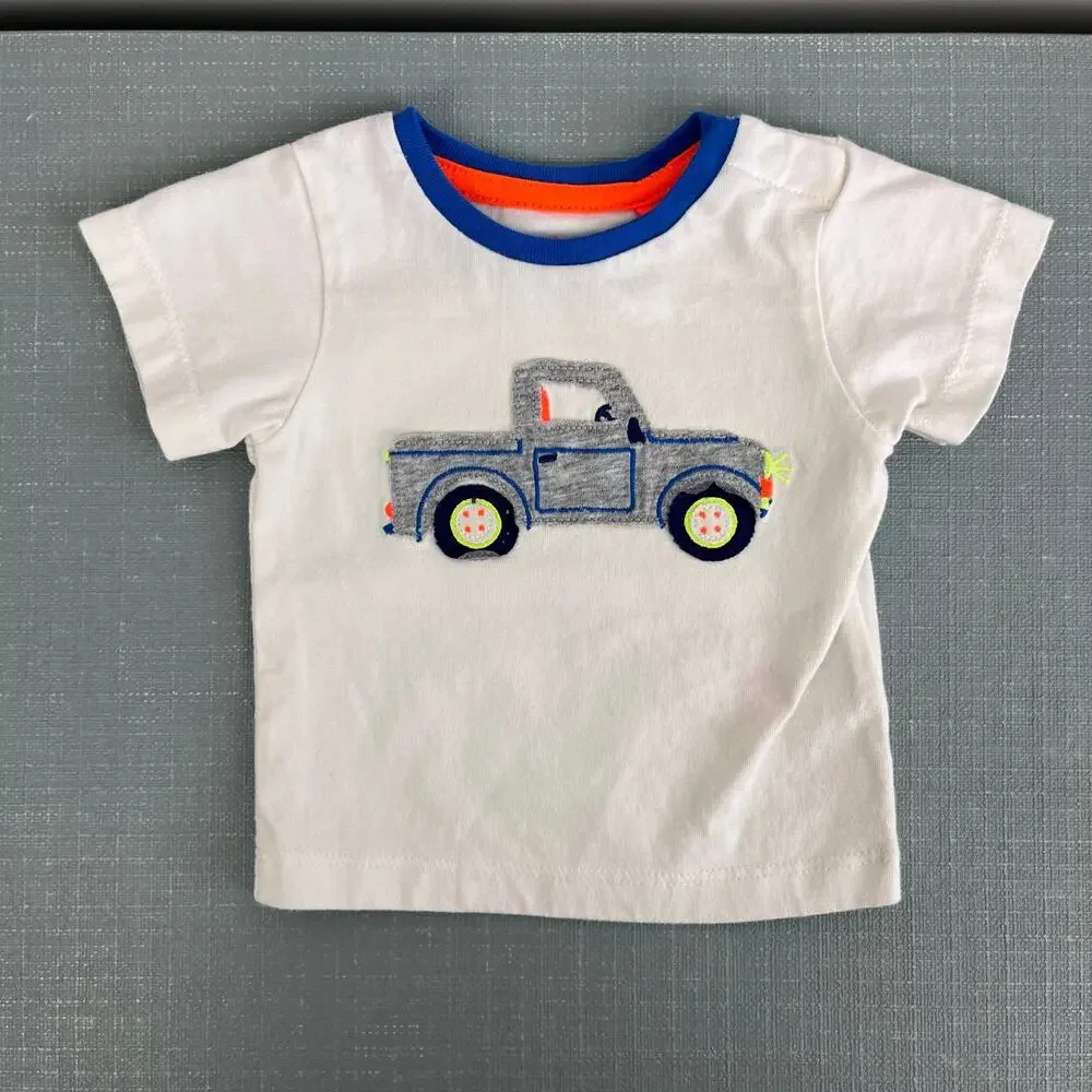 Mini Boden Jersey Short Set Blue Stripe Applique Truck 0-3 Months